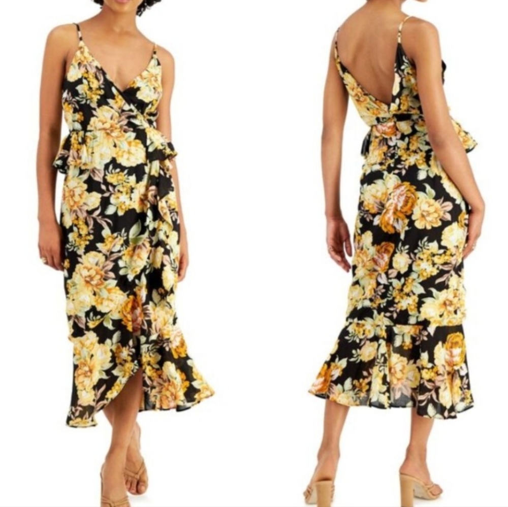 💥SALE💥 NWT Bardot Floral Ruffled Hi-Lo V-Neck Dress Black Yellow Wrap Sz 12 L